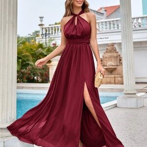 Elegant Burgundy Halter Maxi Dress